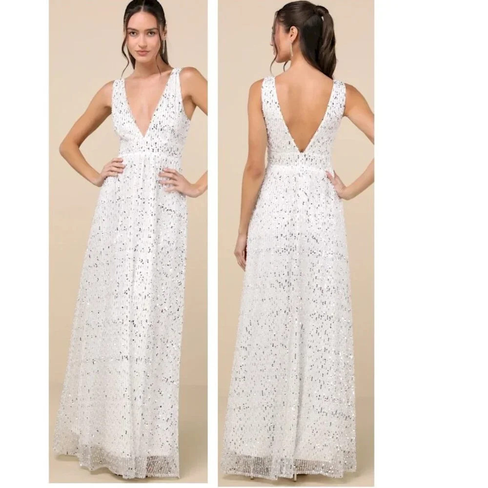 Lulus Solita White Sequin Mesh Sleeveless Maxi Dress Small New NWT